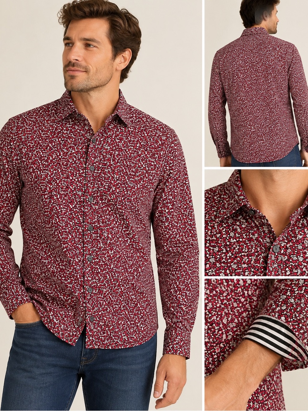 Denim & Flower Burgundy Floral-Print Button-Down Shirt, L
